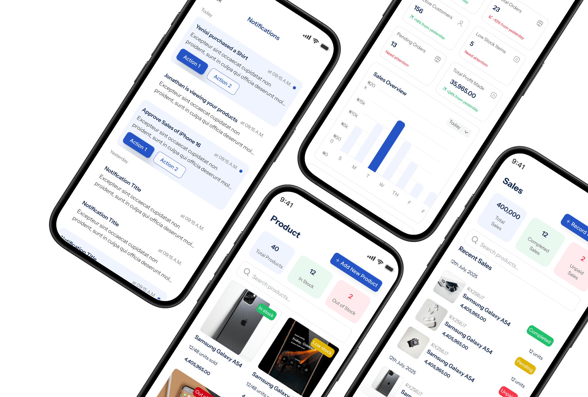 Pusha app screens showing notifications, sales and products